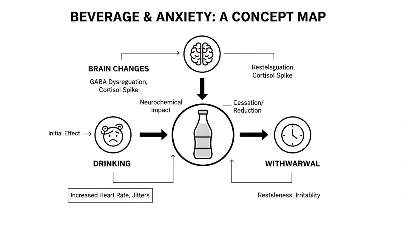 A concept map showing the link between beverage consumption, brain changes, and anxiety withdrawal.