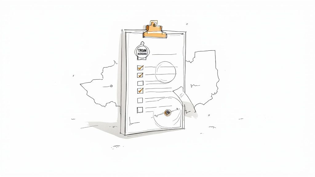 A person carefully reviewing a document with a Texas state flag in the background, symbolizing the process of checking regulations.