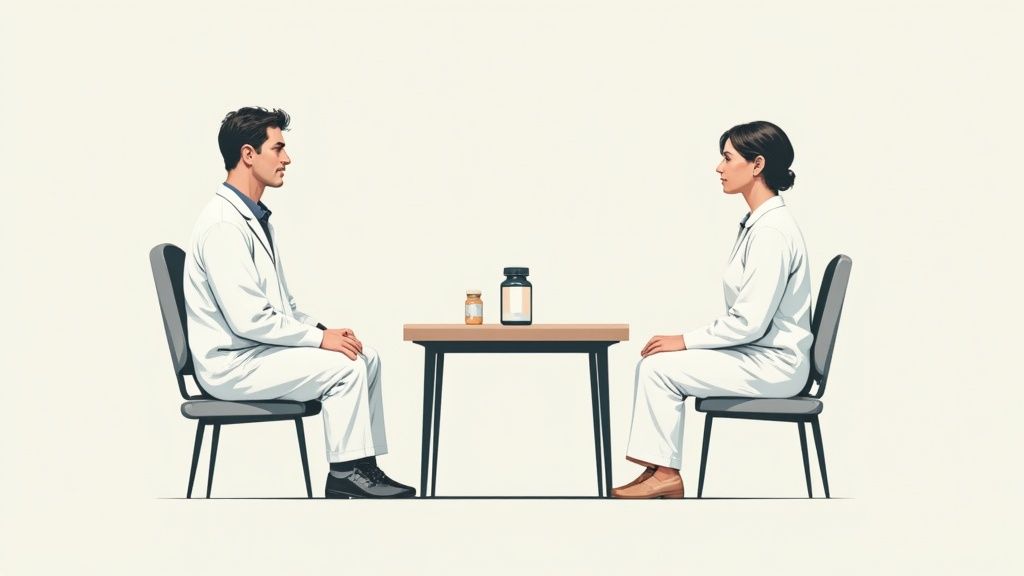Doctor and patient in white coats discussing Medication Assisted Treatment at a table with prescription bottles, emphasizing the collaborative approach to recovery from substance use disorders.