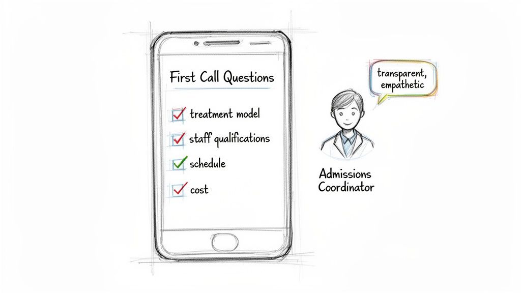 A smartphone displays a checklist of first call questions for treatment, staff, schedule, and cost, next to an Admissions Coordinator.