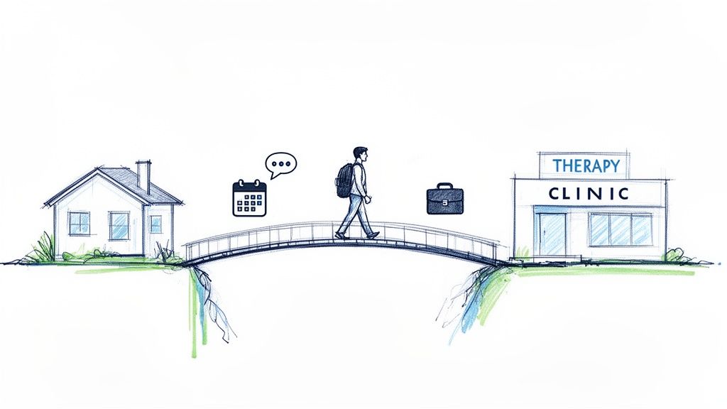 An illustration of a person walking across a bridge from a house to a 'Therapy Clinic'.