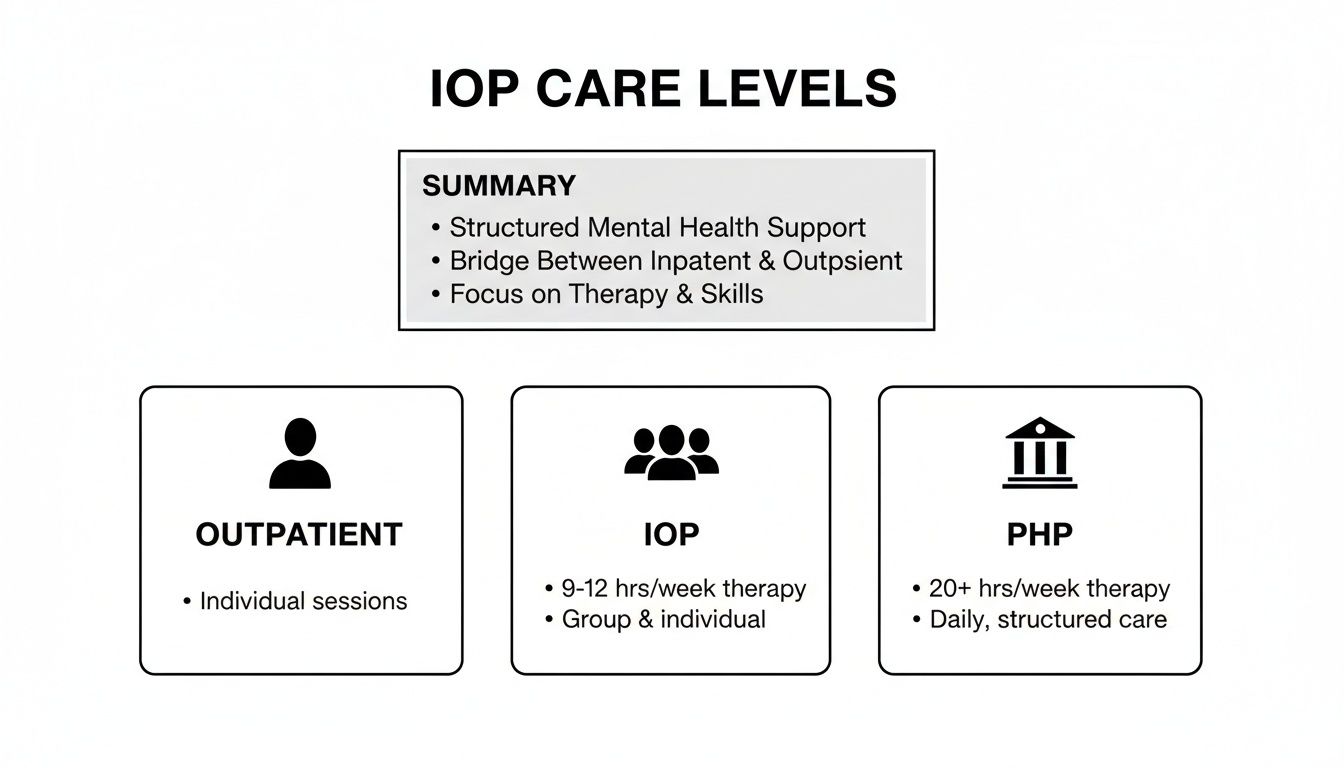 Diagram illustrating IOP care levels, comparing Outpatient, IOP, and PHP mental health therapy programs with their key features.