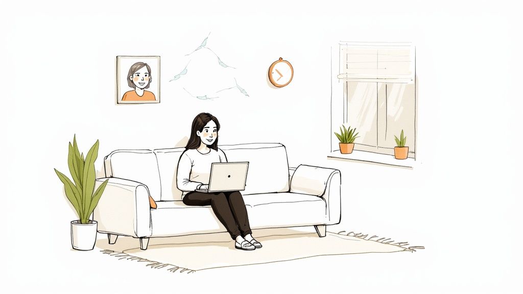 Smiling woman sits comfortably on a couch with her laptop in a bright, minimalist room.