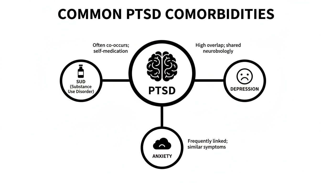 Diagram showing common comorbidities of PTSD, including Substance Use Disorder, Depression, and Anxiety, with their relationships.