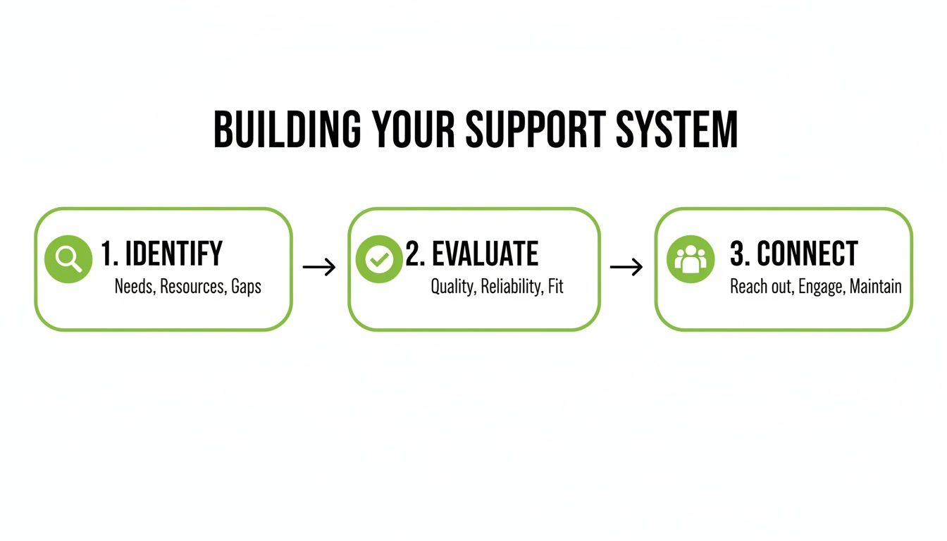 A three-step diagram outlining how to build your support system: Identify, Evaluate, Connect.