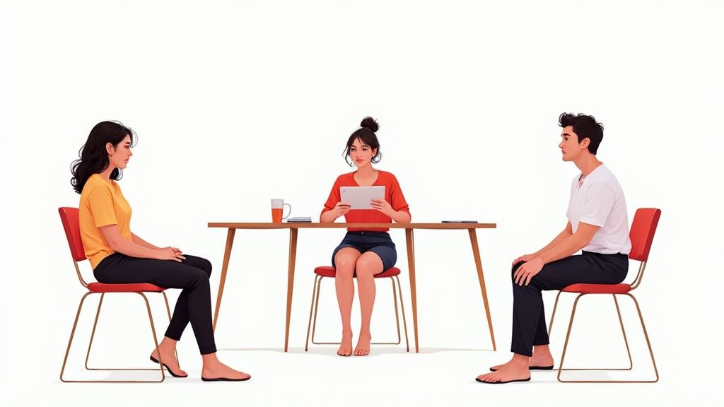 Group therapy session with a counselor and two participants discussing recovery strategies in a supportive environment.