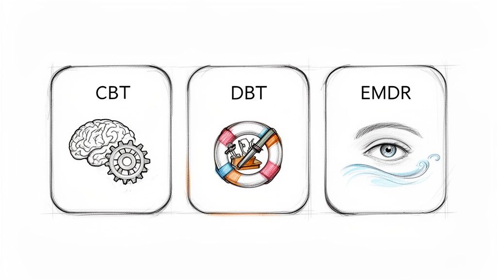 Three mental health therapy icons: CBT (brain, gear), DBT (life buoy), and EMDR (eye, waves).