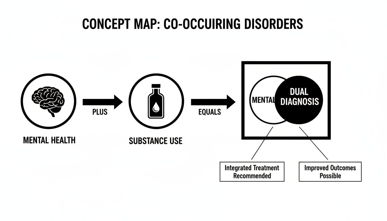 A concept map illustrating co-occurring disorders: mental health plus substance use equals dual diagnosis, leading to integrated treatment and improved outcomes.