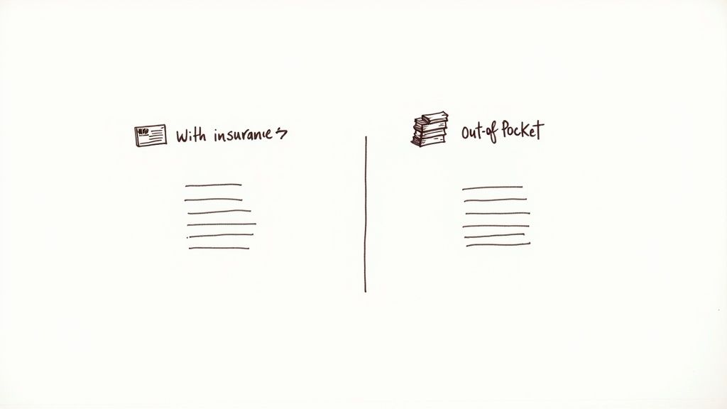 Hand-drawn comparison of medical expenses: 'With insurance' versus 'Out-of-Pocket' with placeholder lists.