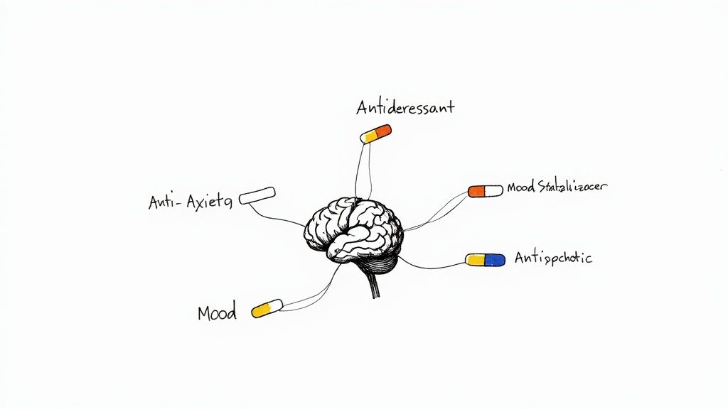 Illustration of a human brain connected to various psychiatric medication capsules for different mental health needs.