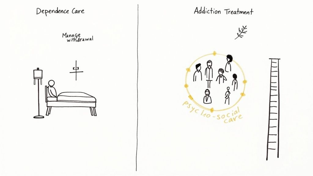 A therapist and client sitting in chairs, engaged in a supportive conversation.