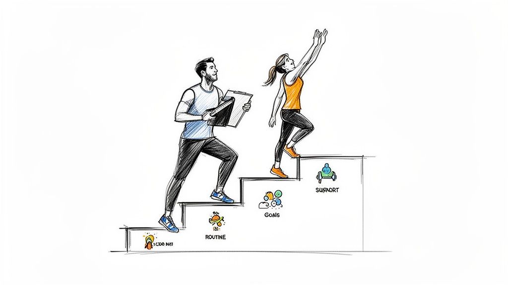 A coach guides a woman up steps labeled Routine, Goals, and Support, symbolizing progress.