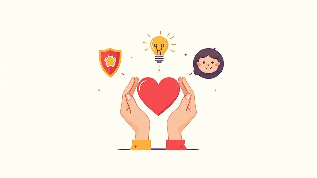Hands holding a red heart with a light bulb and a smiling face icon, symbolizing support and care in mental health and substance use recovery.