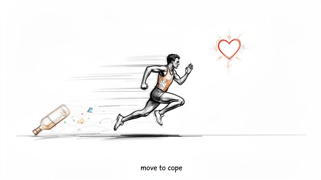 A male runner moves swiftly away from a fallen wine bottle towards a glowing red heart, symbolizing overcoming addiction through exercise.