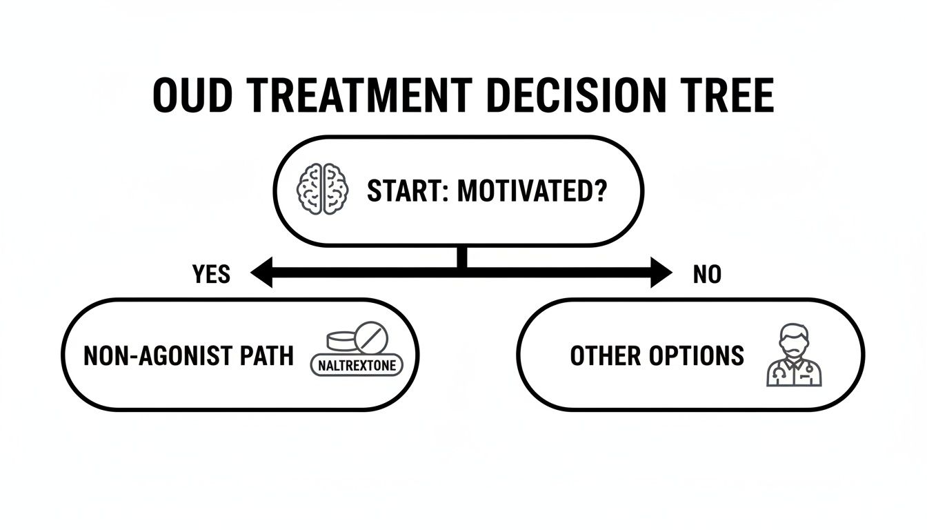 Decision tree illustrating OUD treatment paths: Naltrexone for motivated patients, other options if not.