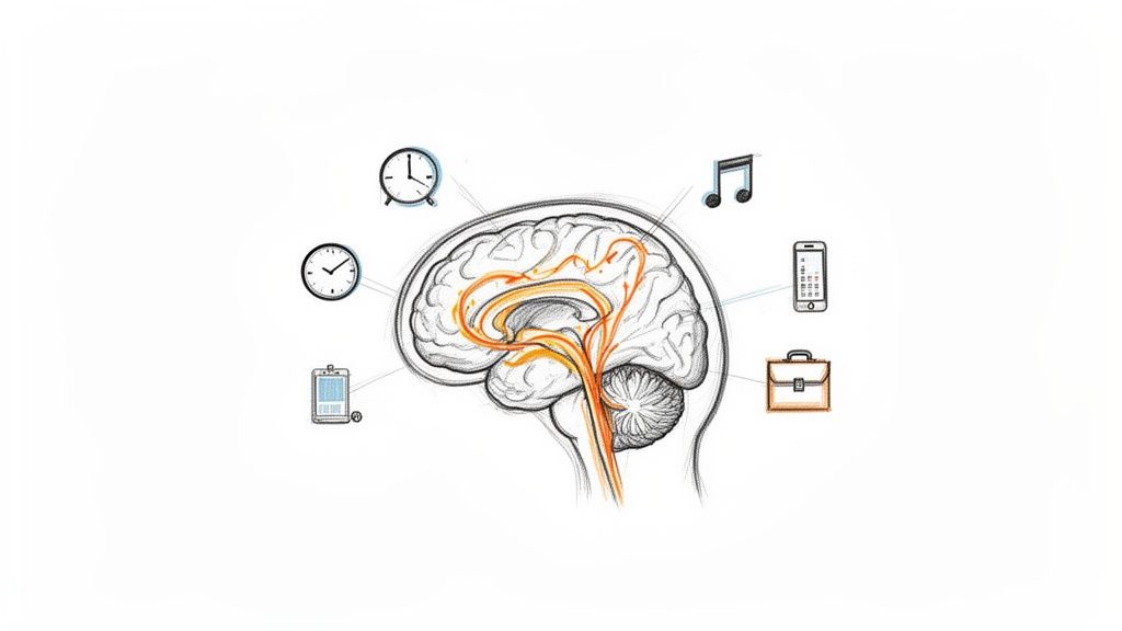 An illustration of a human brain connected to icons representing time, music, work, and technology.