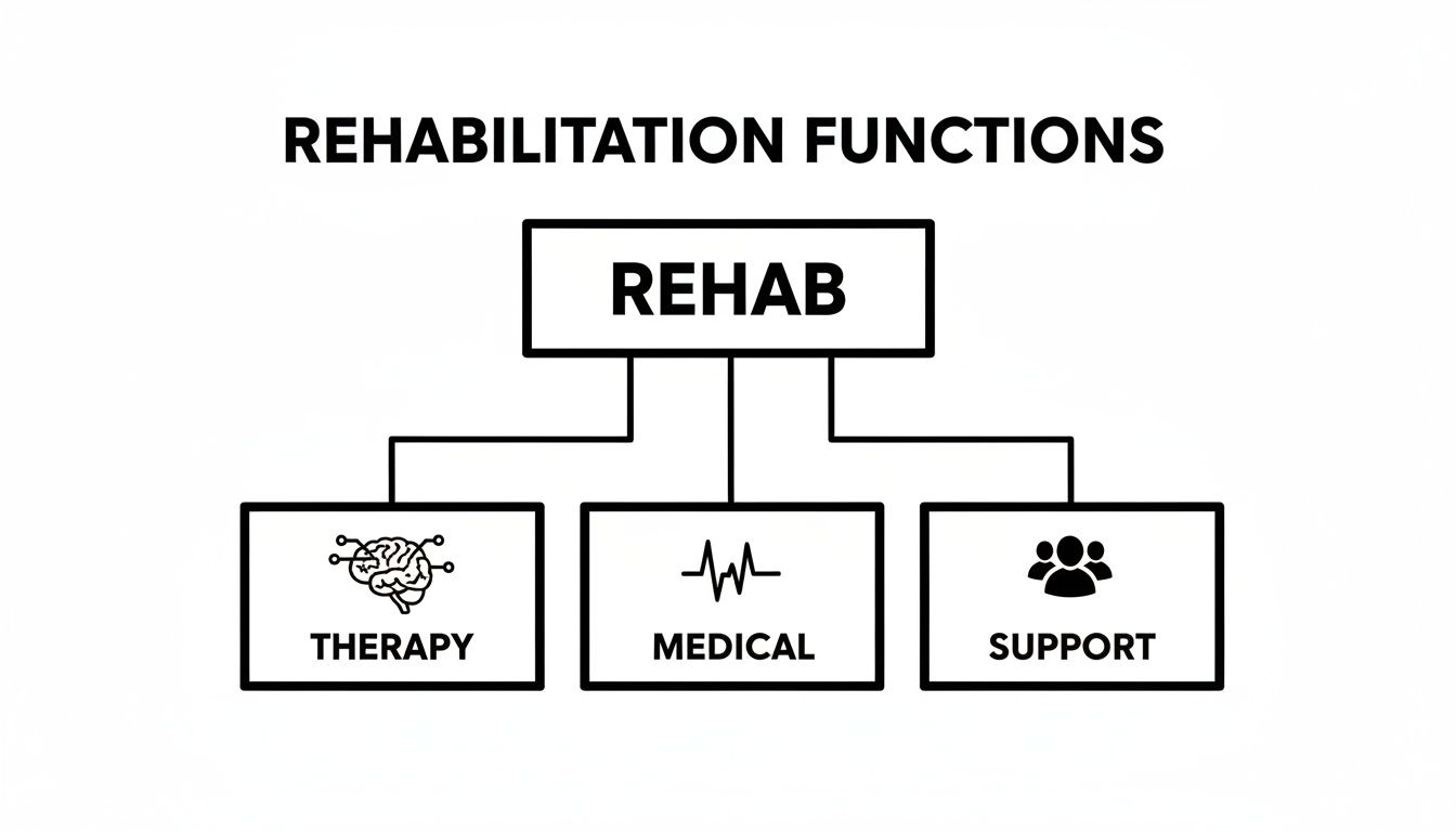 Flowchart illustrating rehabilitation functions, with 'Rehab' branching into 'Therapy', 'Medical', and 'Support' categories.