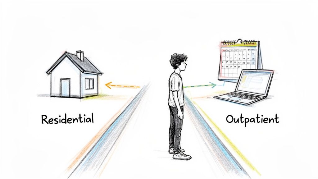A young person stands between a house (residential) and a calendar with a laptop (outpatient) treatment options.