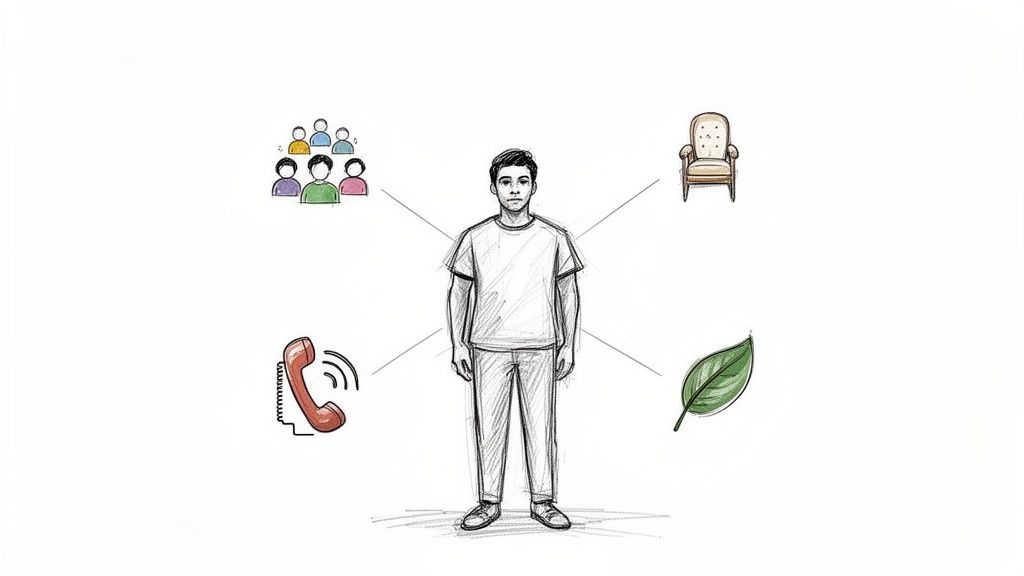 A sketch of a person surrounded by icons representing social connections, home, communication, and nature.