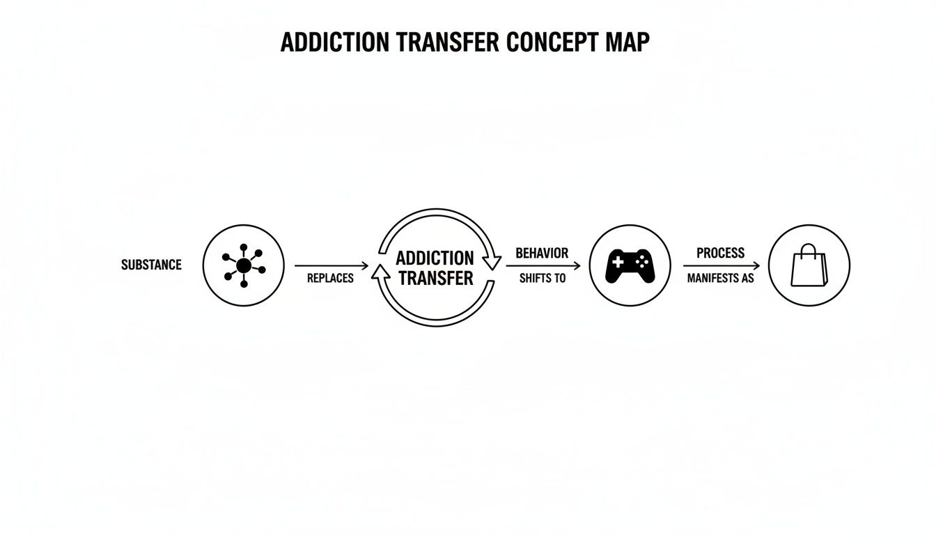 A concept map illustrating addiction transfer from substance abuse to new behavioral addictions like gaming and shopping.