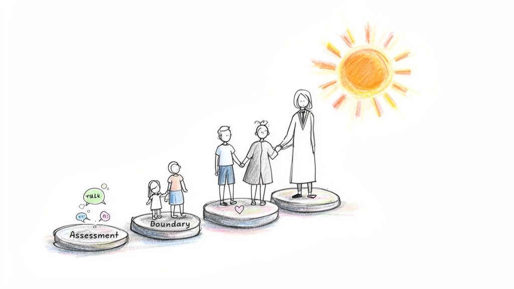 Hand-drawn image of family therapy steps: "Assessment," "Boundary," and connection, with people holding hands under the sun.