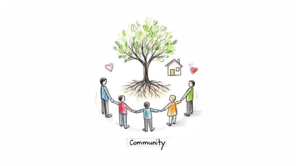 Illustration of people holding hands around a tree, symbolizing community and support.