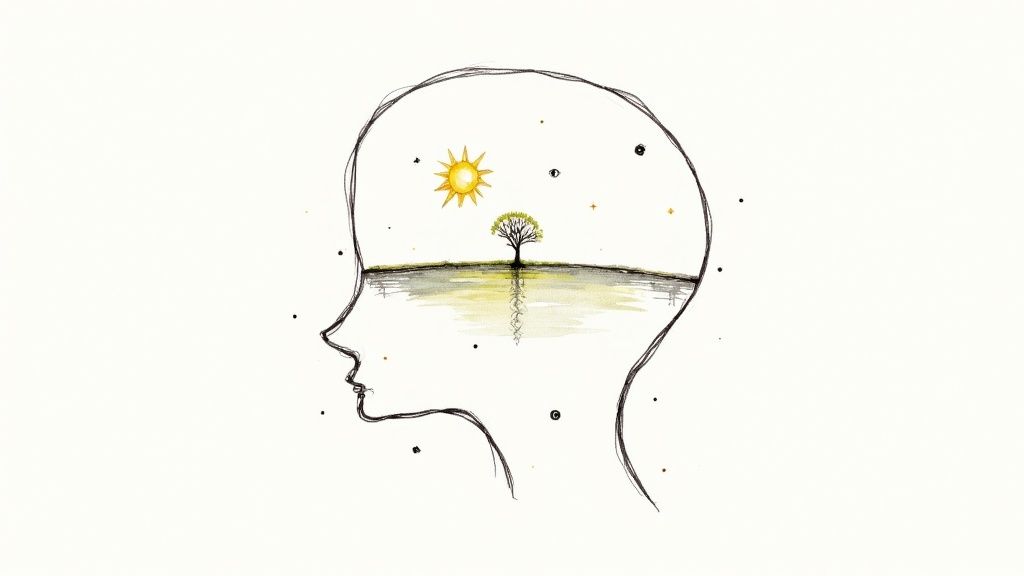 A simple drawing of a human head silhouette containing a serene landscape with a tree, sun, and water.