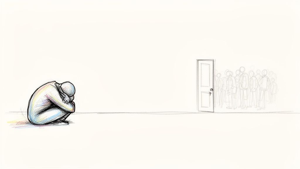 A person huddles in isolation on the left, facing away from an open door and a crowd of blurry figures.