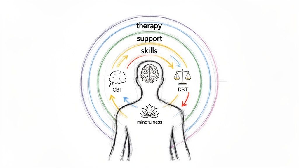 Diagram illustrating therapy, support, and skills surrounding CBT, DBT, mindfulness, and the human brain.