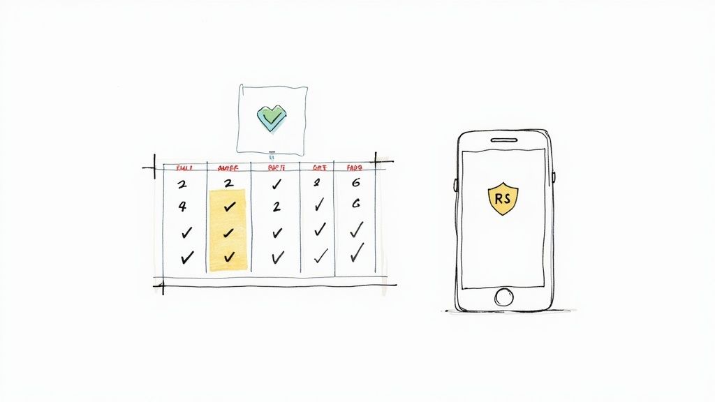 Illustration of a progress tracker table with checkmarks and a smartphone displaying a shield icon.