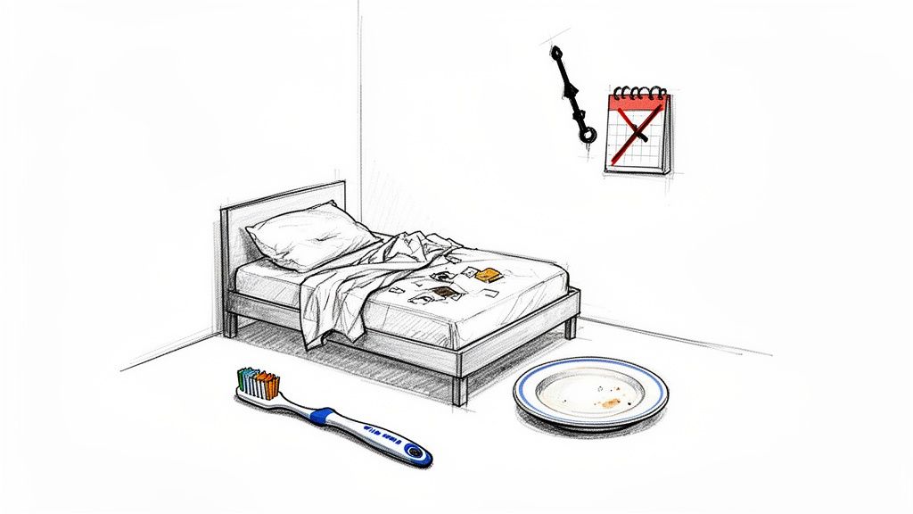 A messy bedroom with an unmade bed, dirty plate, toothbrush, and a calendar with a red X.