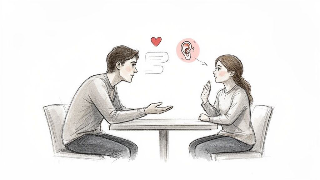 Pencil sketch of a couple demonstrating active listening in a loving conversation.