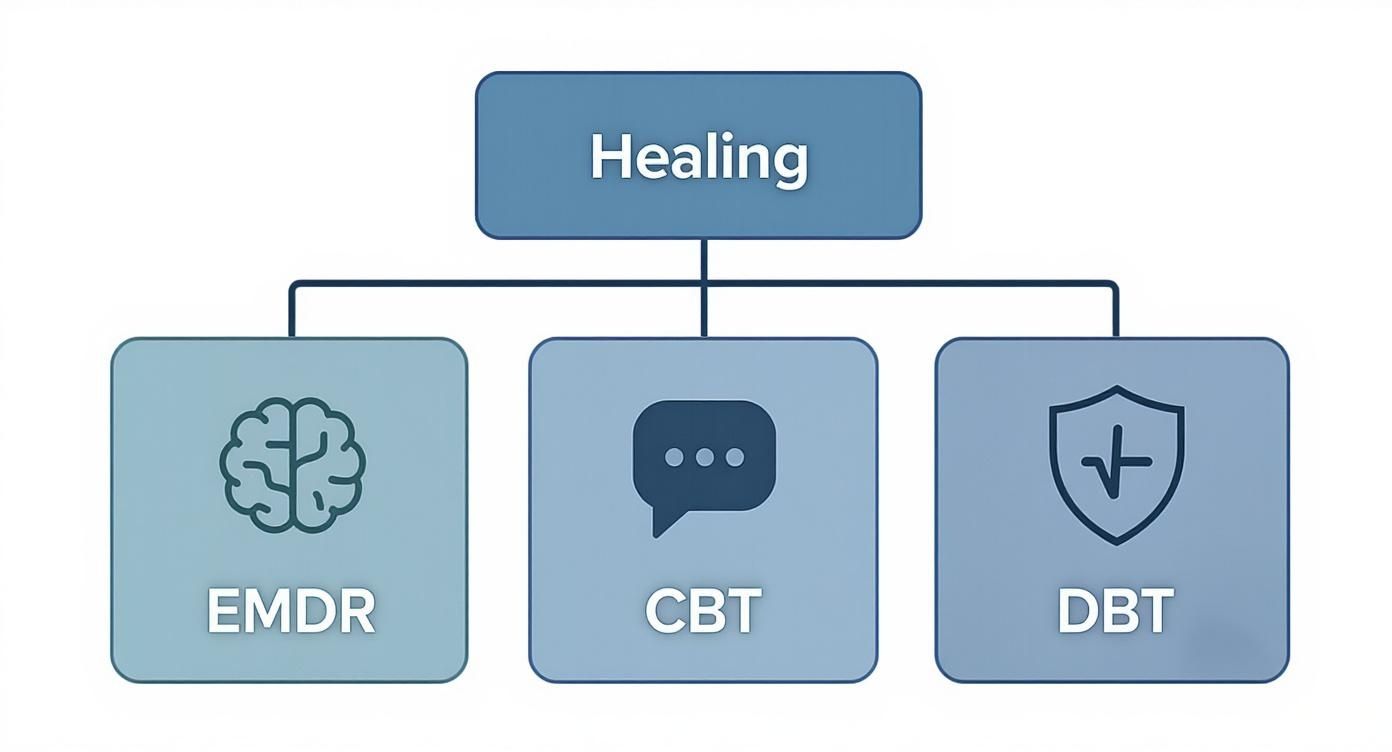 Three evidence-based therapeutic approaches for healing: EMDR, CBT, and DBT shown in flowchart diagram