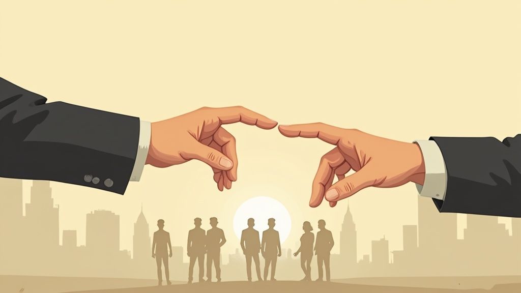 A person looking thoughtfully at a confusing crossroads sign in a misty forest.