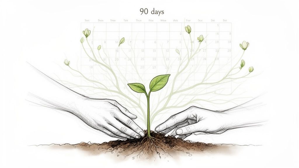 Two hands nurturing a seedling in soil, symbolizing growth and progress over a 90-day calendar.