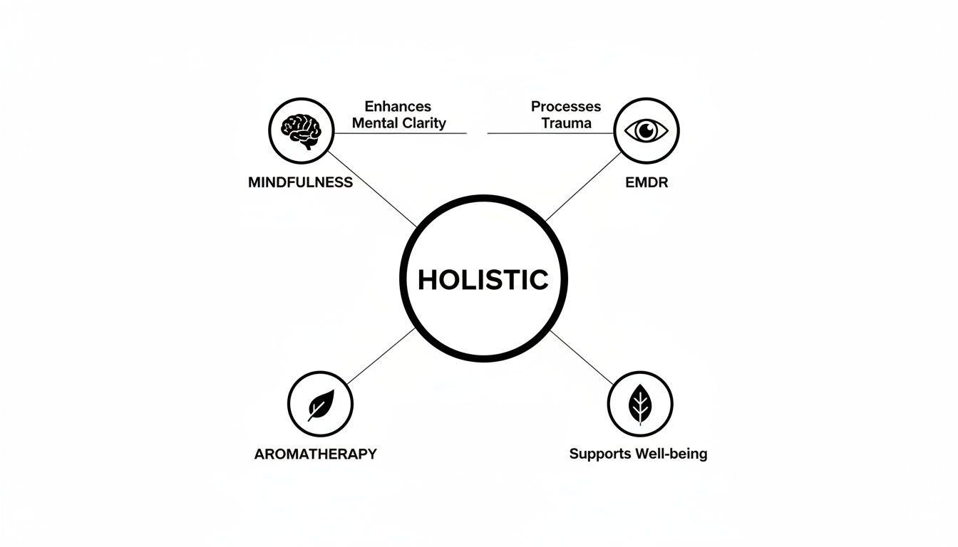 A black and white diagram showing a holistic approach with Mindfulness, EMDR, Aromatherapy, and well-being connections.