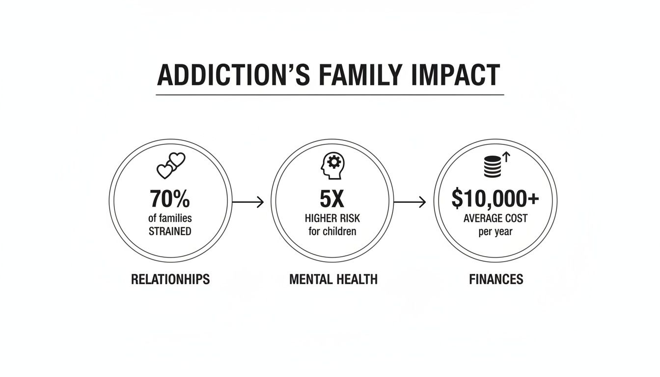 Infographic showing addiction's impact on family relationships, mental health, and finances.