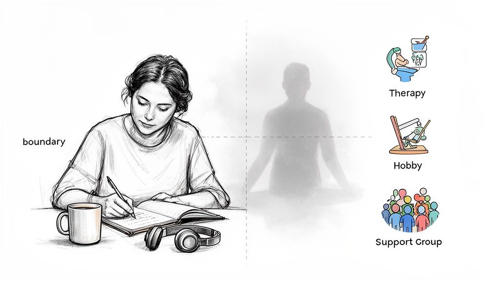 A person writing, illustrating boundaries, contrasted with self-care options like therapy, hobbies, and support groups.