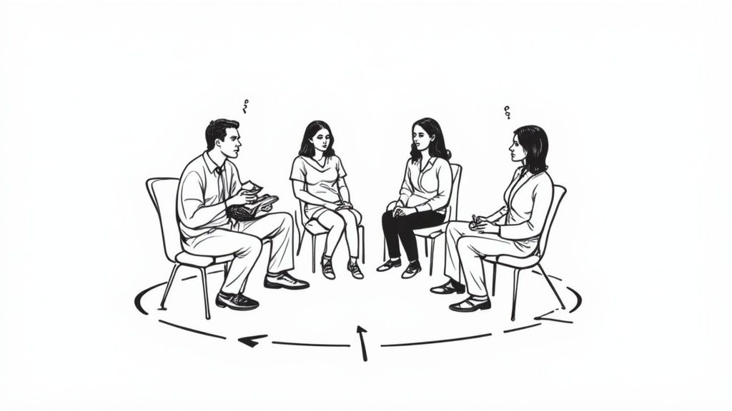 A diverse family group sits in a circle with a therapist, actively engaged in a discussion within a calm and professional therapy office.