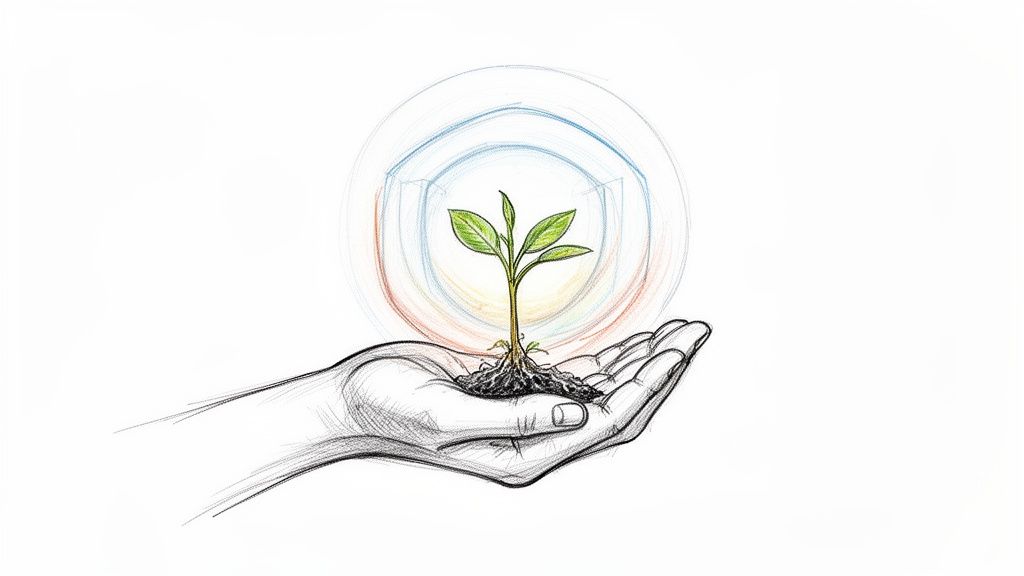 A hand sketch cradling a small green plant with roots and soil, encircled by a colorful, protective aura.