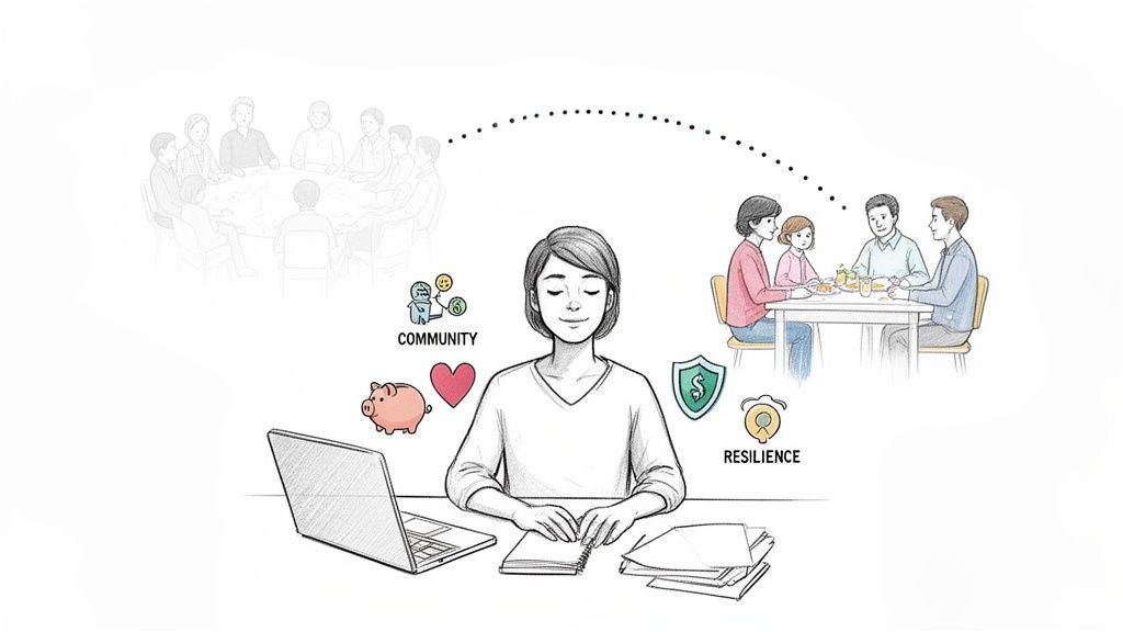 A person at a desk surrounded by icons representing community, finance, heart, security, resilience, and family, connected to social scenes.