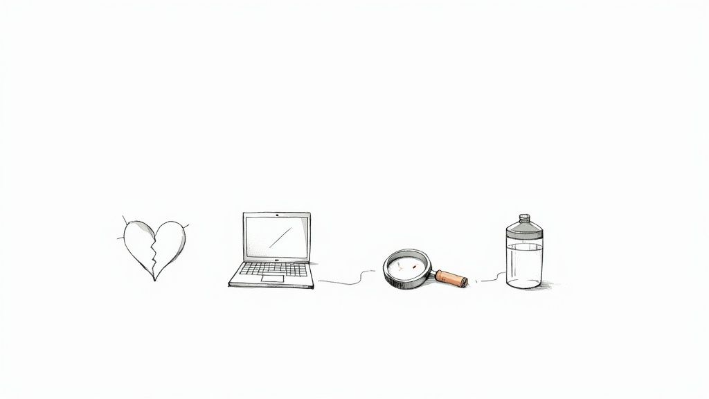 Sketches of a broken heart, laptop, magnifying glass, and water bottle on a white background.