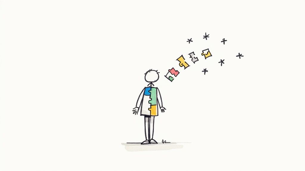 A stick figure person made of colorful puzzle pieces, with several pieces floating away from its head.