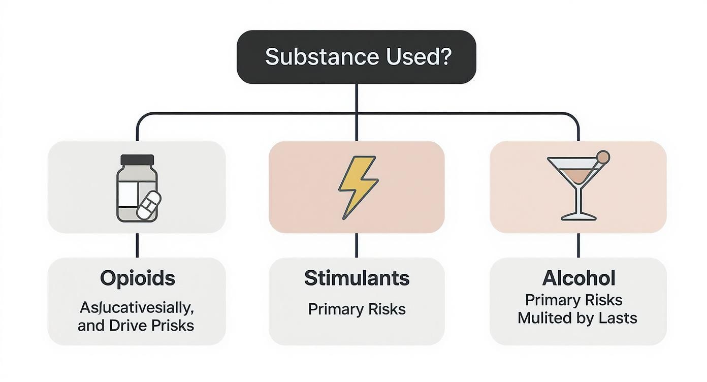 A flowchart titled 'Substance Used?' showing categories: Opioids, Stimulants, and Alcohol with associated risks.