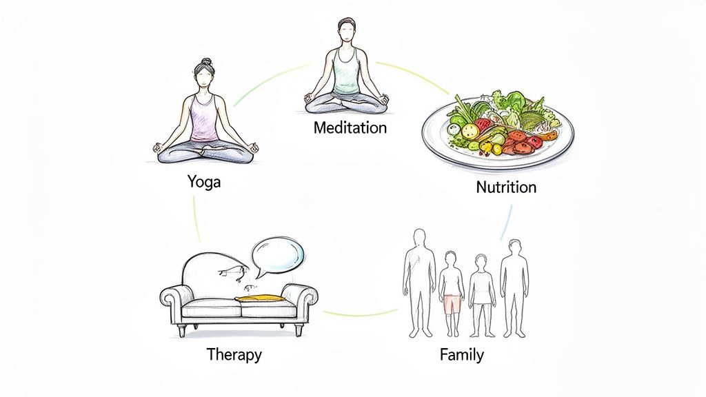 Illustrative diagram of a holistic well-being cycle: yoga, meditation, nutrition, family, and therapy.