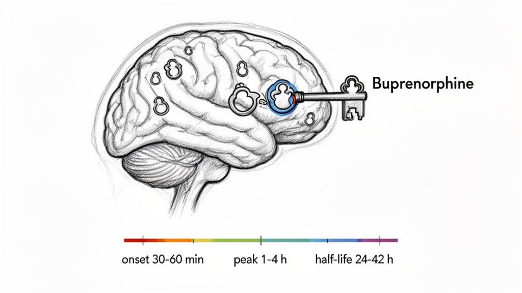 Illustration of Buprenorphine (a key) binding to brain receptors, with drug onset, peak, and half-life.