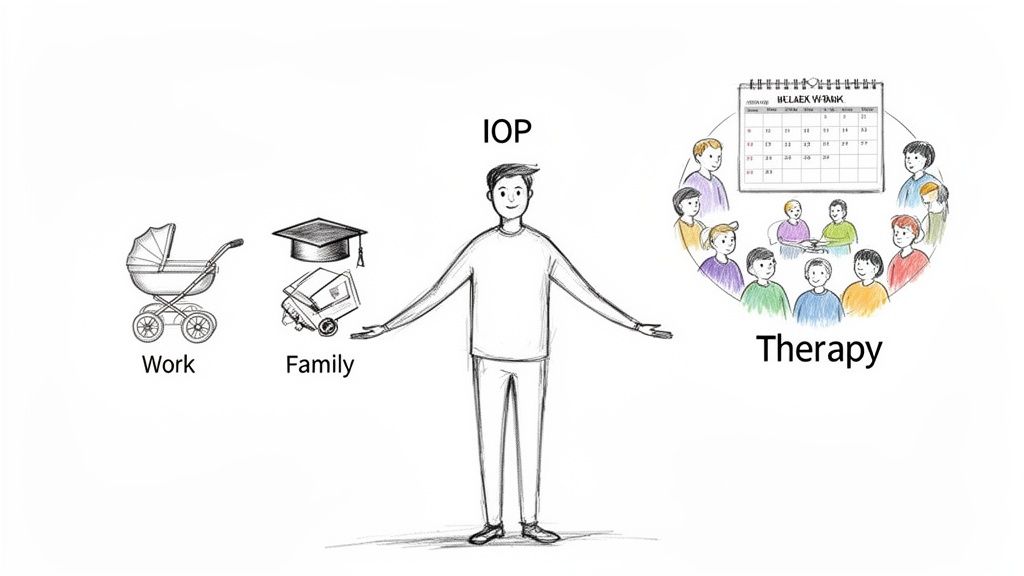 Illustration of a person balancing IOP therapy with symbols for work, family, and group therapy.