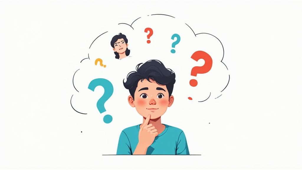 A person sitting in a comfortable chair, looking thoughtful while listening to a therapist.