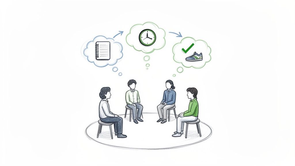 Four people in a group therapy session visualizing planning, managing time, and achieving goals.