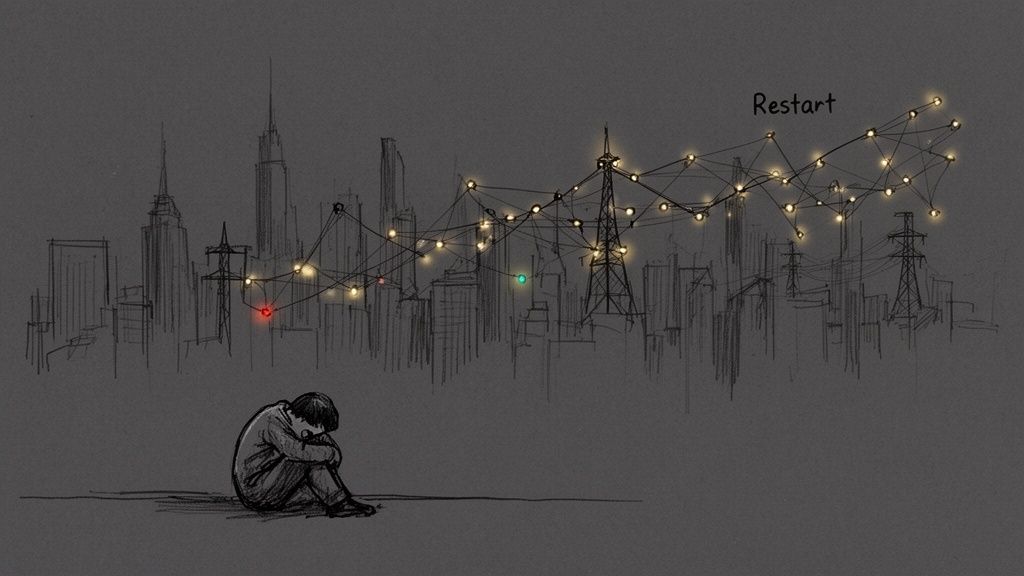 A person sits sadly with a city skyline and glowing network of lights above, labeled "Restart."